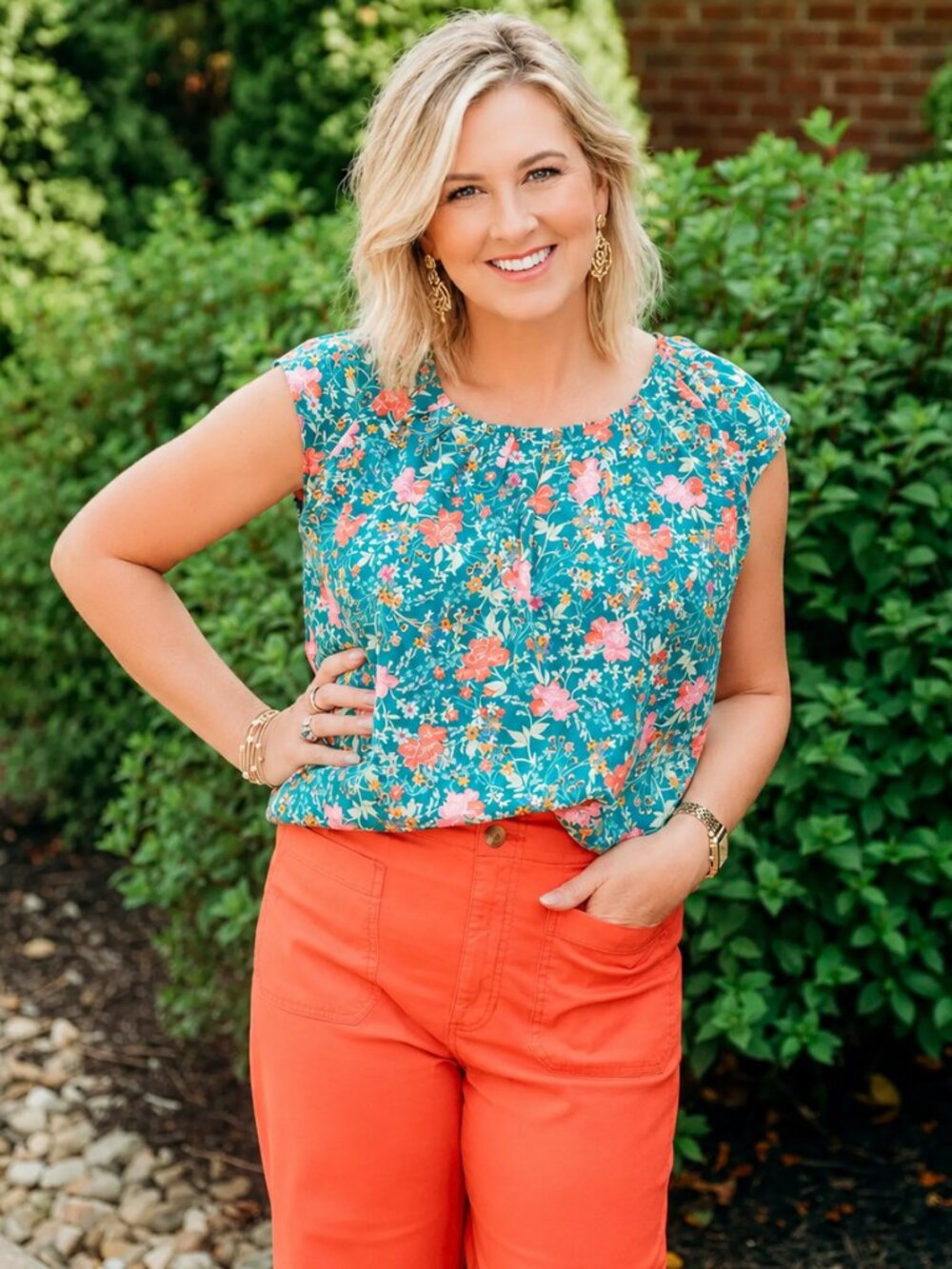 2/$30 LC Lauren Conrad Petite Bow Tie Floral Blouse Muted Green Large #A3546